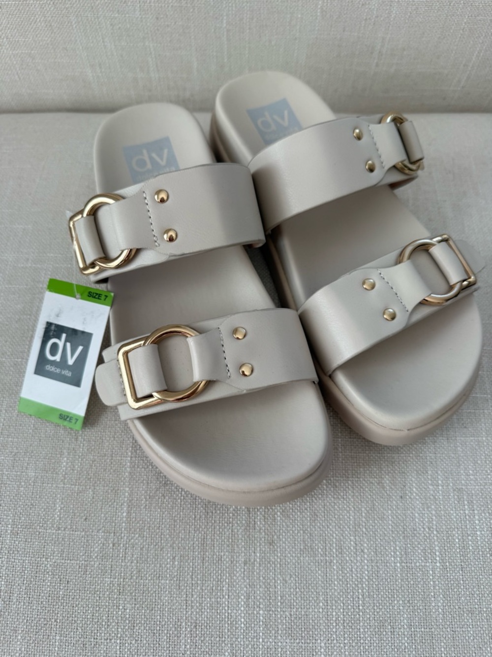 DV by Dolce Vita Ivory Slide Sandals with Gold Buckles